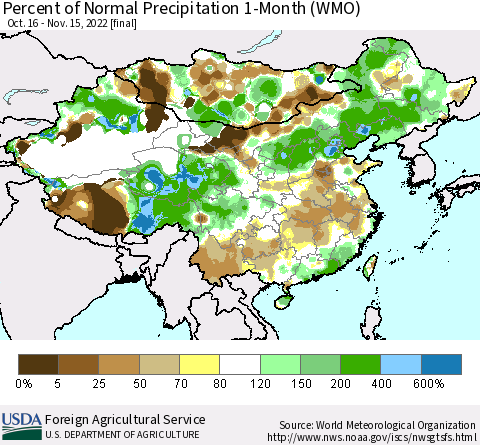 China, Mongolia and Taiwan Percent of Normal Precipitation 1-Month (WMO) Thematic Map For 10/16/2022 - 11/15/2022