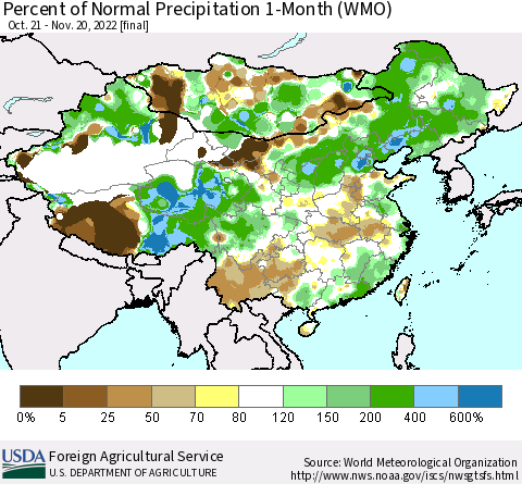 China, Mongolia and Taiwan Percent of Normal Precipitation 1-Month (WMO) Thematic Map For 10/21/2022 - 11/20/2022