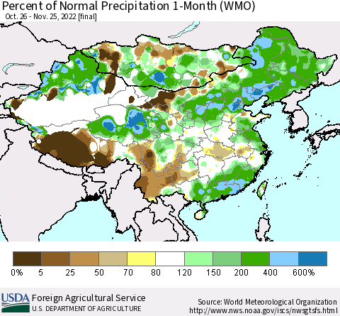 China, Mongolia and Taiwan Percent of Normal Precipitation 1-Month (WMO) Thematic Map For 10/26/2022 - 11/25/2022