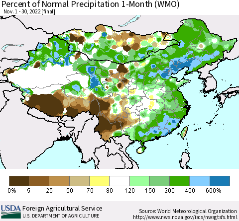 China, Mongolia and Taiwan Percent of Normal Precipitation 1-Month (WMO) Thematic Map For 11/1/2022 - 11/30/2022
