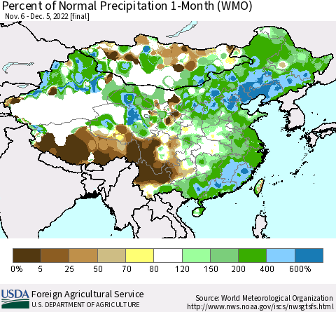 China, Mongolia and Taiwan Percent of Normal Precipitation 1-Month (WMO) Thematic Map For 11/6/2022 - 12/5/2022