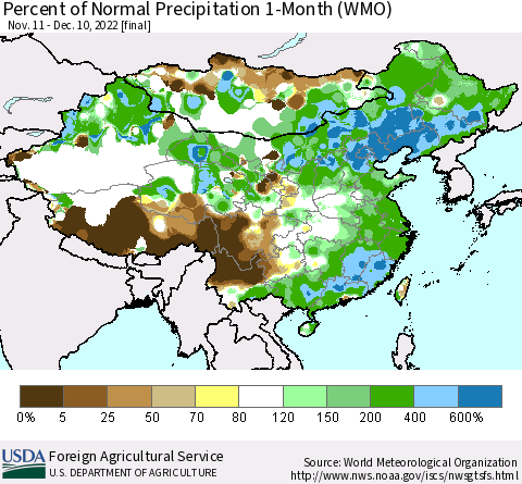 China, Mongolia and Taiwan Percent of Normal Precipitation 1-Month (WMO) Thematic Map For 11/11/2022 - 12/10/2022