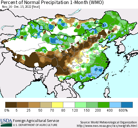 China, Mongolia and Taiwan Percent of Normal Precipitation 1-Month (WMO) Thematic Map For 11/16/2022 - 12/15/2022