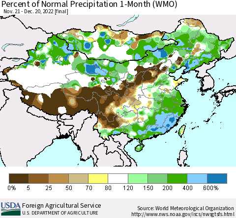 China, Mongolia and Taiwan Percent of Normal Precipitation 1-Month (WMO) Thematic Map For 11/21/2022 - 12/20/2022