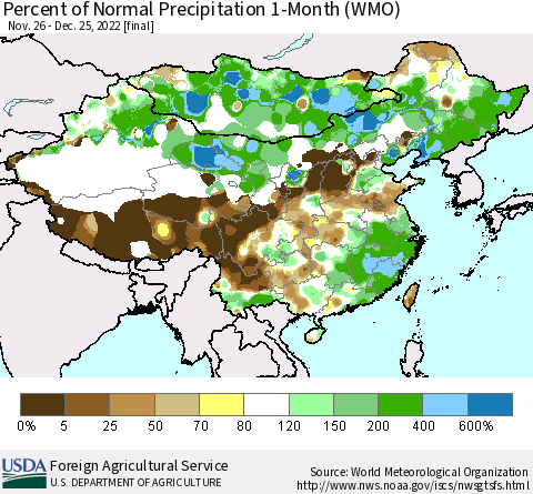 China, Mongolia and Taiwan Percent of Normal Precipitation 1-Month (WMO) Thematic Map For 11/26/2022 - 12/25/2022