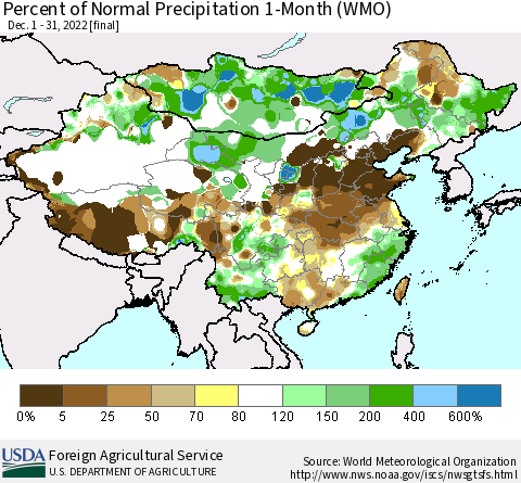 China, Mongolia and Taiwan Percent of Normal Precipitation 1-Month (WMO) Thematic Map For 12/1/2022 - 12/31/2022