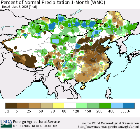 China, Mongolia and Taiwan Percent of Normal Precipitation 1-Month (WMO) Thematic Map For 12/6/2022 - 1/5/2023