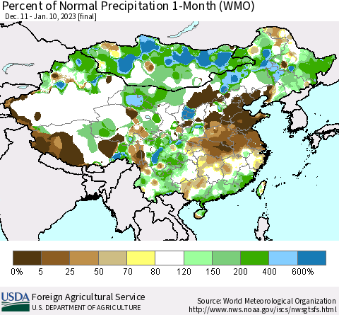 China, Mongolia and Taiwan Percent of Normal Precipitation 1-Month (WMO) Thematic Map For 12/11/2022 - 1/10/2023