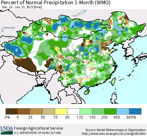 China, Mongolia and Taiwan Percent of Normal Precipitation 1-Month (WMO) Thematic Map For 12/16/2022 - 1/15/2023