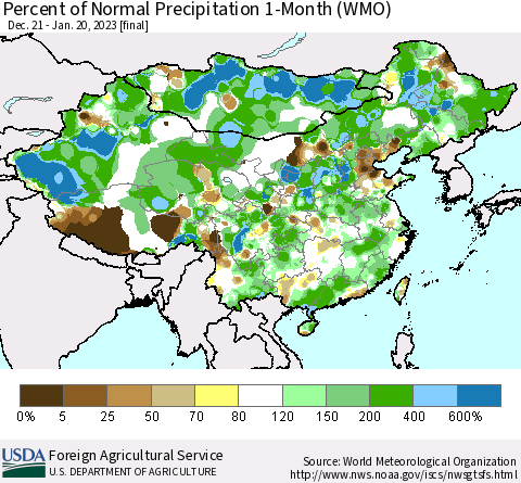China, Mongolia and Taiwan Percent of Normal Precipitation 1-Month (WMO) Thematic Map For 12/21/2022 - 1/20/2023