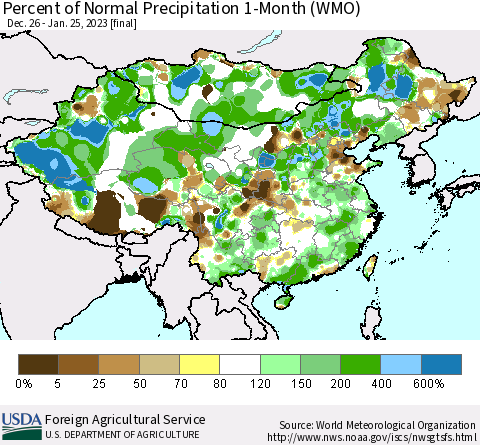 China, Mongolia and Taiwan Percent of Normal Precipitation 1-Month (WMO) Thematic Map For 12/26/2022 - 1/25/2023