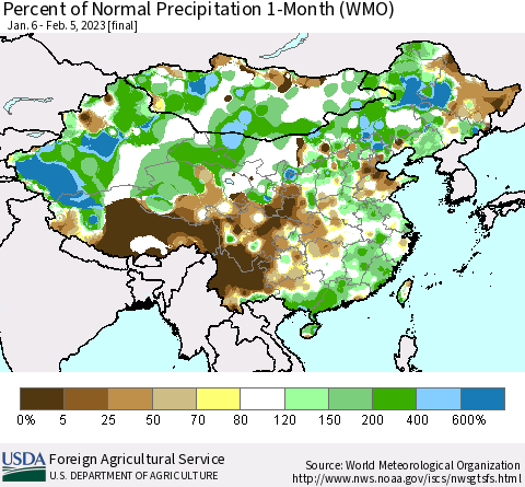 China, Mongolia and Taiwan Percent of Normal Precipitation 1-Month (WMO) Thematic Map For 1/6/2023 - 2/5/2023