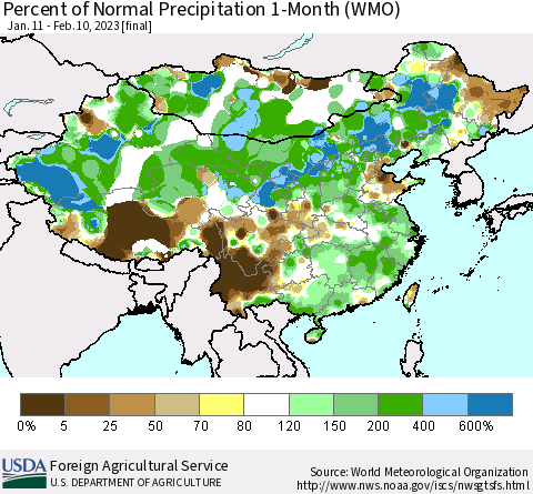 China, Mongolia and Taiwan Percent of Normal Precipitation 1-Month (WMO) Thematic Map For 1/11/2023 - 2/10/2023