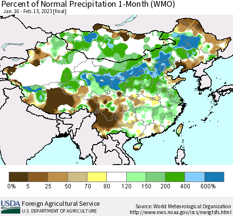 China, Mongolia and Taiwan Percent of Normal Precipitation 1-Month (WMO) Thematic Map For 1/16/2023 - 2/15/2023