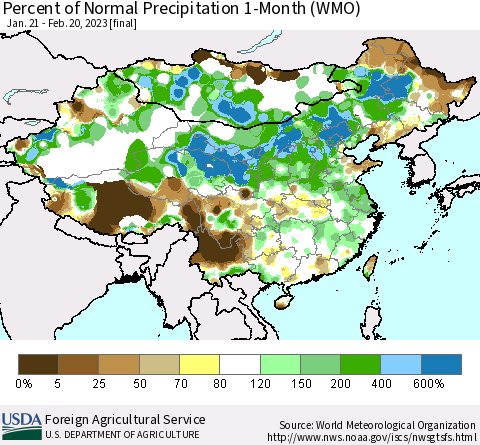 China, Mongolia and Taiwan Percent of Normal Precipitation 1-Month (WMO) Thematic Map For 1/21/2023 - 2/20/2023
