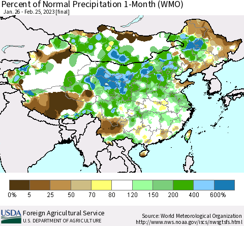 China, Mongolia and Taiwan Percent of Normal Precipitation 1-Month (WMO) Thematic Map For 1/26/2023 - 2/25/2023
