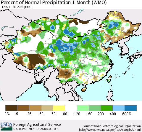 China, Mongolia and Taiwan Percent of Normal Precipitation 1-Month (WMO) Thematic Map For 2/1/2023 - 2/28/2023