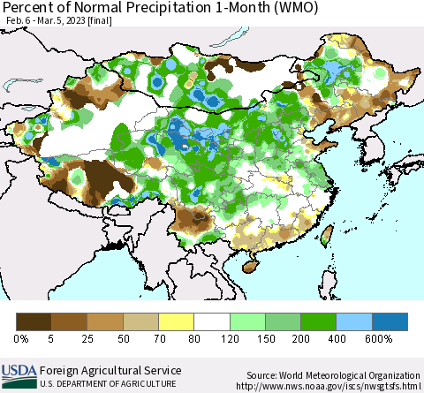 China, Mongolia and Taiwan Percent of Normal Precipitation 1-Month (WMO) Thematic Map For 2/6/2023 - 3/5/2023