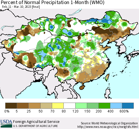 China, Mongolia and Taiwan Percent of Normal Precipitation 1-Month (WMO) Thematic Map For 2/11/2023 - 3/10/2023