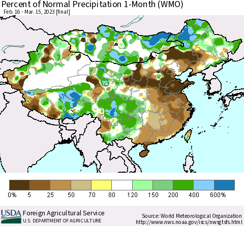 China, Mongolia and Taiwan Percent of Normal Precipitation 1-Month (WMO) Thematic Map For 2/16/2023 - 3/15/2023