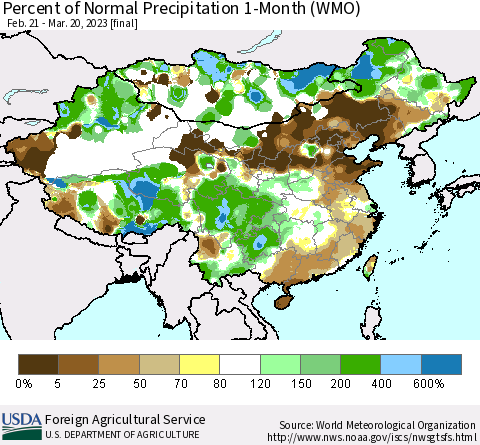 China, Mongolia and Taiwan Percent of Normal Precipitation 1-Month (WMO) Thematic Map For 2/21/2023 - 3/20/2023