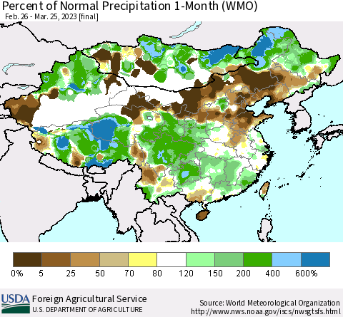 China, Mongolia and Taiwan Percent of Normal Precipitation 1-Month (WMO) Thematic Map For 2/26/2023 - 3/25/2023