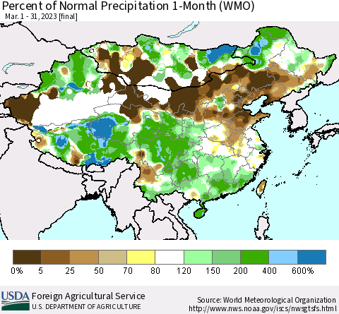 China, Mongolia and Taiwan Percent of Normal Precipitation 1-Month (WMO) Thematic Map For 3/1/2023 - 3/31/2023
