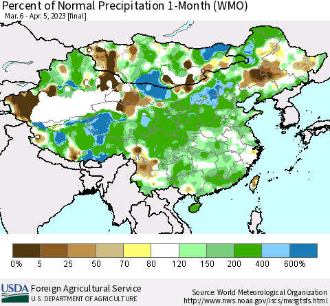 China, Mongolia and Taiwan Percent of Normal Precipitation 1-Month (WMO) Thematic Map For 3/6/2023 - 4/5/2023