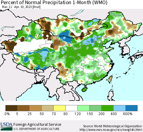 China, Mongolia and Taiwan Percent of Normal Precipitation 1-Month (WMO) Thematic Map For 3/11/2023 - 4/10/2023