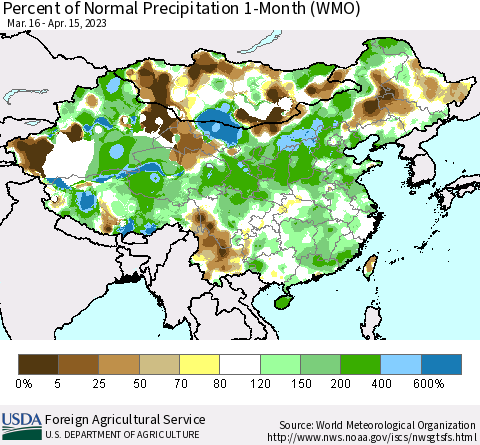 China, Mongolia and Taiwan Percent of Normal Precipitation 1-Month (WMO) Thematic Map For 3/16/2023 - 4/15/2023