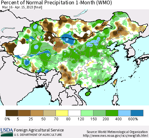 China, Mongolia and Taiwan Percent of Normal Precipitation 1-Month (WMO) Thematic Map For 3/16/2023 - 4/15/2023