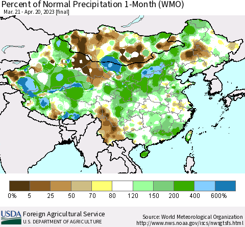 China, Mongolia and Taiwan Percent of Normal Precipitation 1-Month (WMO) Thematic Map For 3/21/2023 - 4/20/2023