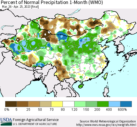 China, Mongolia and Taiwan Percent of Normal Precipitation 1-Month (WMO) Thematic Map For 3/26/2023 - 4/25/2023