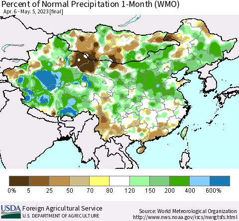 China, Mongolia and Taiwan Percent of Normal Precipitation 1-Month (WMO) Thematic Map For 4/6/2023 - 5/5/2023