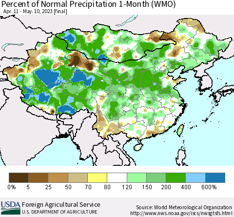 China, Mongolia and Taiwan Percent of Normal Precipitation 1-Month (WMO) Thematic Map For 4/11/2023 - 5/10/2023