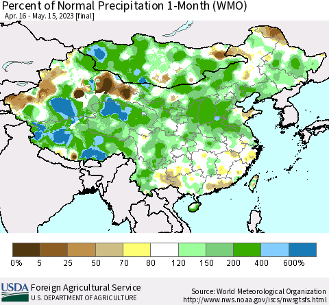 China, Mongolia and Taiwan Percent of Normal Precipitation 1-Month (WMO) Thematic Map For 4/16/2023 - 5/15/2023