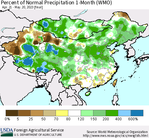 China, Mongolia and Taiwan Percent of Normal Precipitation 1-Month (WMO) Thematic Map For 4/21/2023 - 5/20/2023