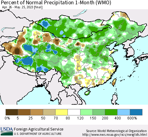 China, Mongolia and Taiwan Percent of Normal Precipitation 1-Month (WMO) Thematic Map For 4/26/2023 - 5/25/2023