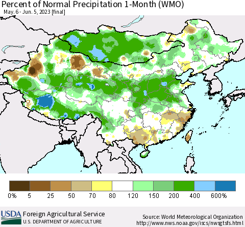 China, Mongolia and Taiwan Percent of Normal Precipitation 1-Month (WMO) Thematic Map For 5/6/2023 - 6/5/2023