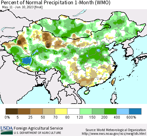 China, Mongolia and Taiwan Percent of Normal Precipitation 1-Month (WMO) Thematic Map For 5/11/2023 - 6/10/2023