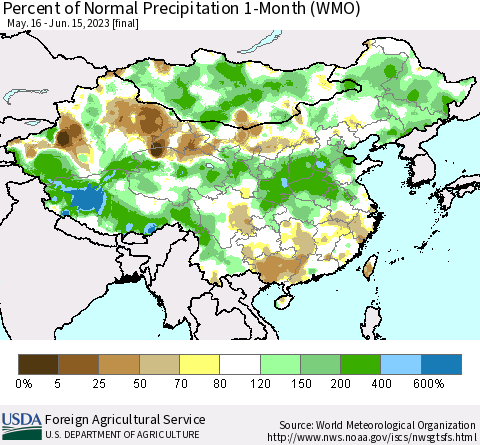China, Mongolia and Taiwan Percent of Normal Precipitation 1-Month (WMO) Thematic Map For 5/16/2023 - 6/15/2023