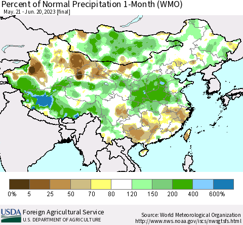 China, Mongolia and Taiwan Percent of Normal Precipitation 1-Month (WMO) Thematic Map For 5/21/2023 - 6/20/2023