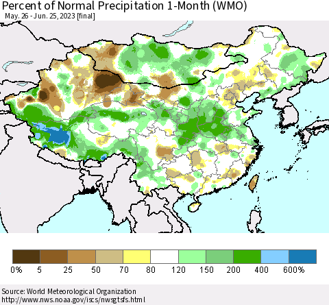 China, Mongolia and Taiwan Percent of Normal Precipitation 1-Month (WMO) Thematic Map For 5/26/2023 - 6/25/2023