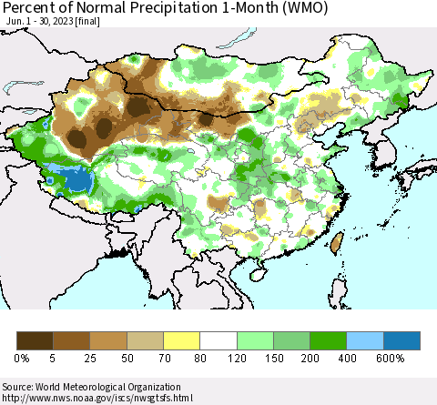 China, Mongolia and Taiwan Percent of Normal Precipitation 1-Month (WMO) Thematic Map For 6/1/2023 - 6/30/2023