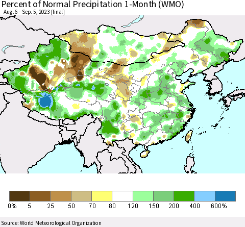 China, Mongolia and Taiwan Percent of Normal Precipitation 1-Month (WMO) Thematic Map For 8/6/2023 - 9/5/2023