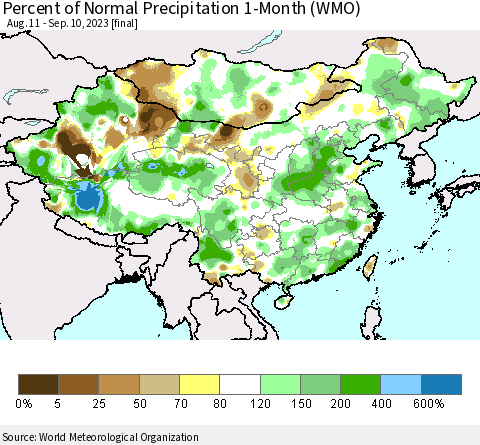 China, Mongolia and Taiwan Percent of Normal Precipitation 1-Month (WMO) Thematic Map For 8/11/2023 - 9/10/2023