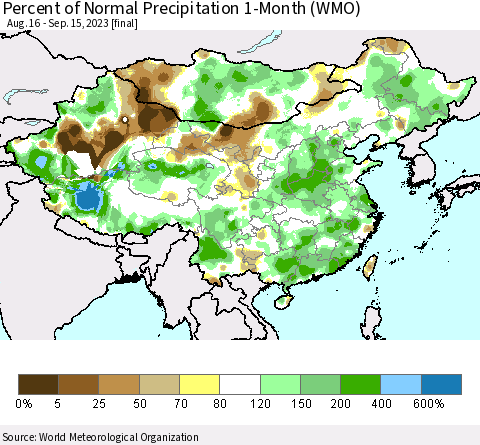 China, Mongolia and Taiwan Percent of Normal Precipitation 1-Month (WMO) Thematic Map For 8/16/2023 - 9/15/2023