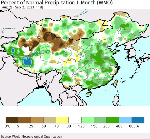 China, Mongolia and Taiwan Percent of Normal Precipitation 1-Month (WMO) Thematic Map For 8/21/2023 - 9/20/2023