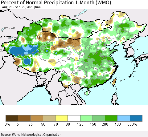 China, Mongolia and Taiwan Percent of Normal Precipitation 1-Month (WMO) Thematic Map For 8/26/2023 - 9/25/2023