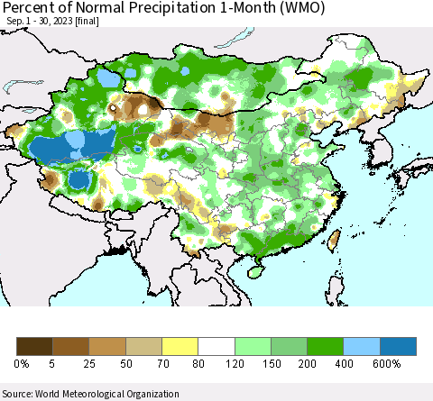 China, Mongolia and Taiwan Percent of Normal Precipitation 1-Month (WMO) Thematic Map For 9/1/2023 - 9/30/2023